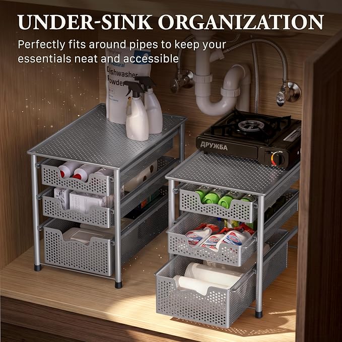 Simple Houseware Stackable 3 Tier Sliding Basket Organizer Drawer, Silver