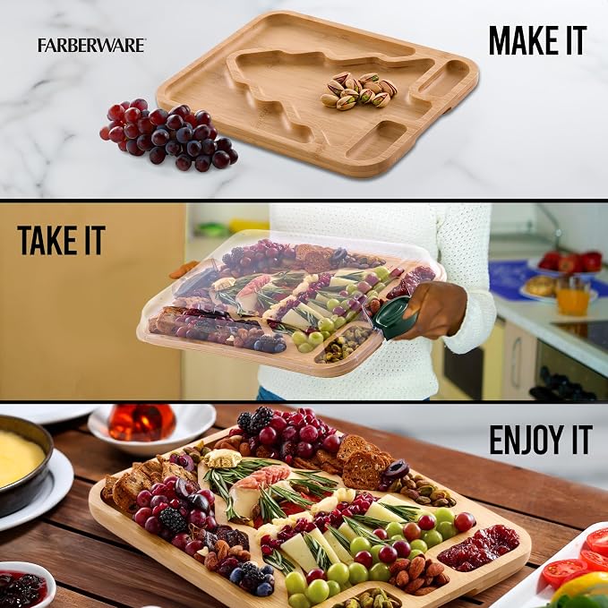 Farberware Tree Build-A-Board with Clear Locking Lid – Holiday Prep and Serve Board for Charcuterie, Cookies, Candy, and Seasonal Entertaining