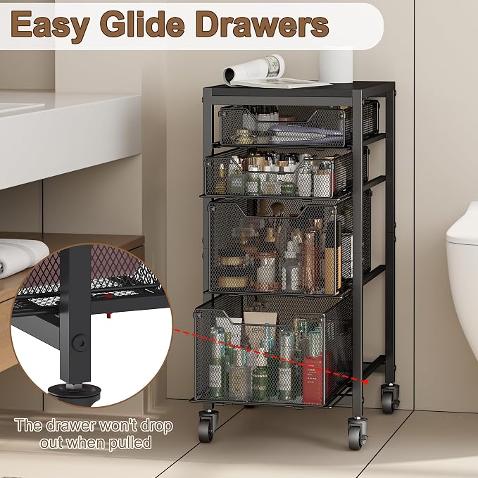 Slim Rolling Storage Cart with Drawers, Under Desk Storage with Wooden Tabletop & Lockable Wheels, 4-Tier Storage Drawers for Bathroom, Craft, Office, Black