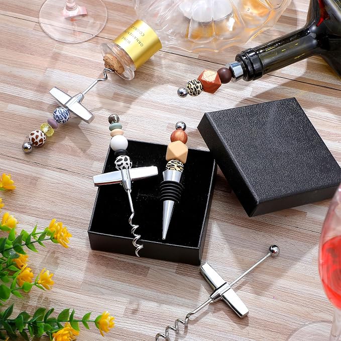 Hushee 40 Pcs Beadable Wine Stoppers with Travel Corkscrew Set Decorative Beaded Wine Bottle Stopper Alloy Saver Beadable Bottle Opener Cork Remover for Kitchen Bar Restaurant Beverage Gifts