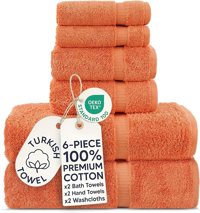 Chakir Turkish Linens 6 Piece Towels Set, 100% Cotton Luxury Turkish Towels for Bathroom, Soft Absorbent Bath Towel Set with 2 Bath Towels 2 Hand Towels 2 Washcloths, Coral