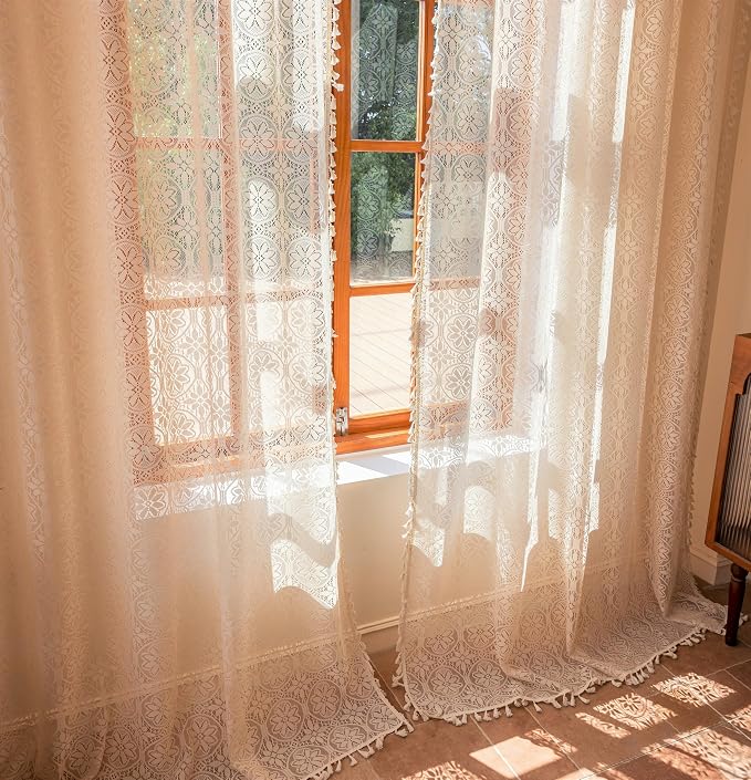 Sutuo Home Beige Boho Sheer Curtains 84 inches Long for Living Room Bedroom,Floral Lace Victorian Curtains 2 Panels Crochet Privacy Bohemian Farmhouse Vintage Tassels Cottage Decor Rod Pocket, 50" W