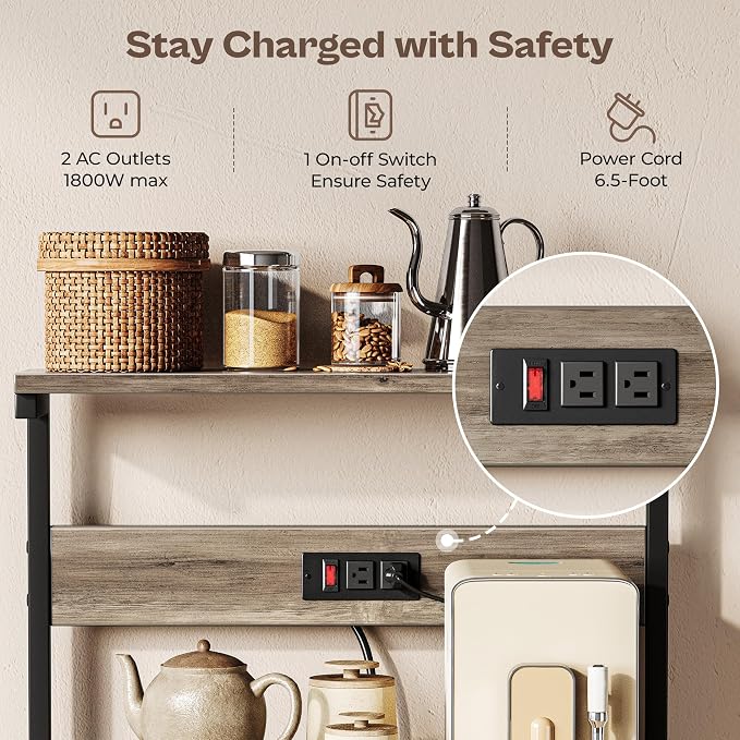 SUPERJARE Kitchen Bakers Rack with Power Outlet, Coffee Bar Table 4 Tiers, Kitchen Microwave Stand with 6 S-shaped Hooks, Kitchen Storage Shelf Rack for Spices, Pots and Pans - Greige