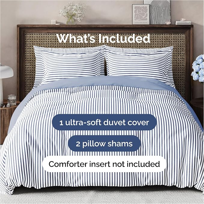 Duvet Cover King Size Set - Extra Soft King Duvet Cover 104" x 90" with 2 Pillow Shams for Women, Men, Kids & Teens - Hotel Luxury w/ Zipper Closures & Ties - Comfy, Cozy & Breathable (Blue Stripes)
