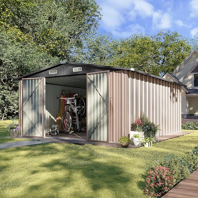 Aoxun 10 x 12FT Outdoor Storage Shed with Double Hinged Large Door, Brown | Utility Garden Shed with Lockable Door & Sloped Roof Metal Sheds Outdoor Storage for Garden, Backyard, Patio and Backyard