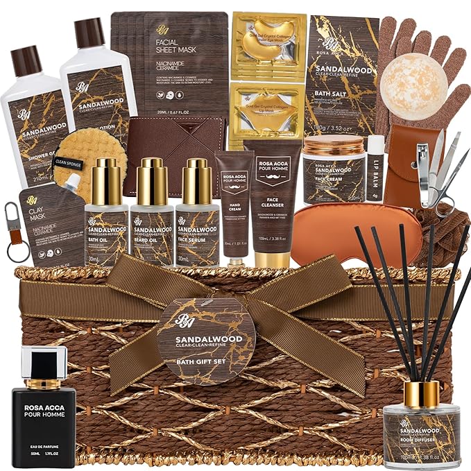 36 Pcs Sandalwood Bath & Body Gift Basket for Men, Father's Day Gifts, Beard Grooming Set, Face Skin Care Kit, Men Home Spa Gift Basket, Bath Bomb, Birthday, Valentines, Christmas, Dad, Anniversary