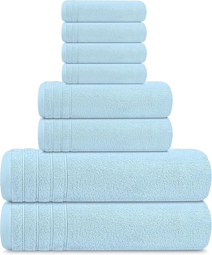 Tens Towels 8 Piece Towel Set, 2 XL Bath, 2 Hand, 4 Washcloth, Sky Blue | 100% Cotton, Lighter Weight, Quicker to Dry, Super Absorbent, Perfect for Bathroom