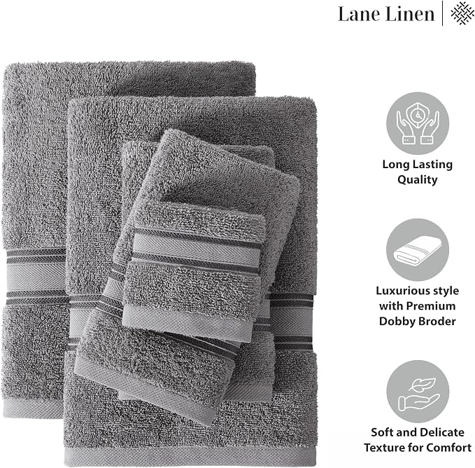 LANE LINEN Bathroom Towel Set 3 Piece Soft Absorbent Quick Dry - Cool Grey | Pack Of Towels - Coordinated Colors, Dobby Border Accent, OEKO-TEX Certified, Zero-Twist Durability, Zero-Twist Cotton