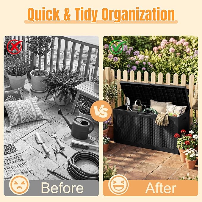 Outdoor Storage Box,98 Gallon Waterproof Resin Patio Deck Box | UV Resistant Lockable Package Delivery Bin, Toy Cabinet, Shoe & Garden Tools Storage, Ottoman, Indoor/Outdoor