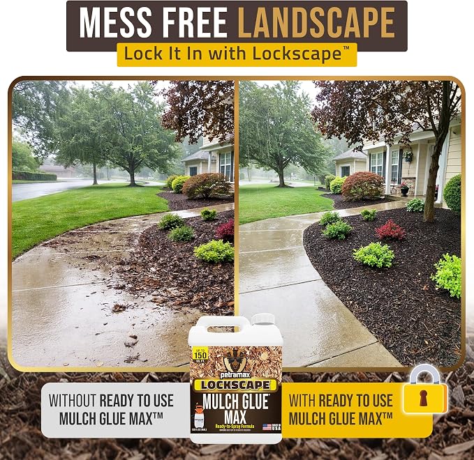 PetraMax Lockscape Mulch Glue for Landscaping, (Made in USA) - Pet-Safe Landscape Adhesive for Pine Straw, Wood Chips - Ready to Spray Mulch Anchor & Landscape Glue Spray for Lawns & Patios (2 Gallon)