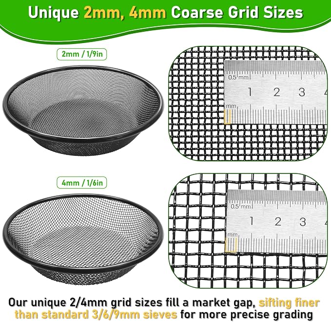 2Pcs 11.8" W Soil Sifter for Gardening, 2, 4mm Grid Rock Sifter for 5 Gallon Bucket, Stainless Steel Fine Dirt Sifter, Compost Sifter for Capturing Dirt, Sand, Rocks, and Filtering Compost (Black)