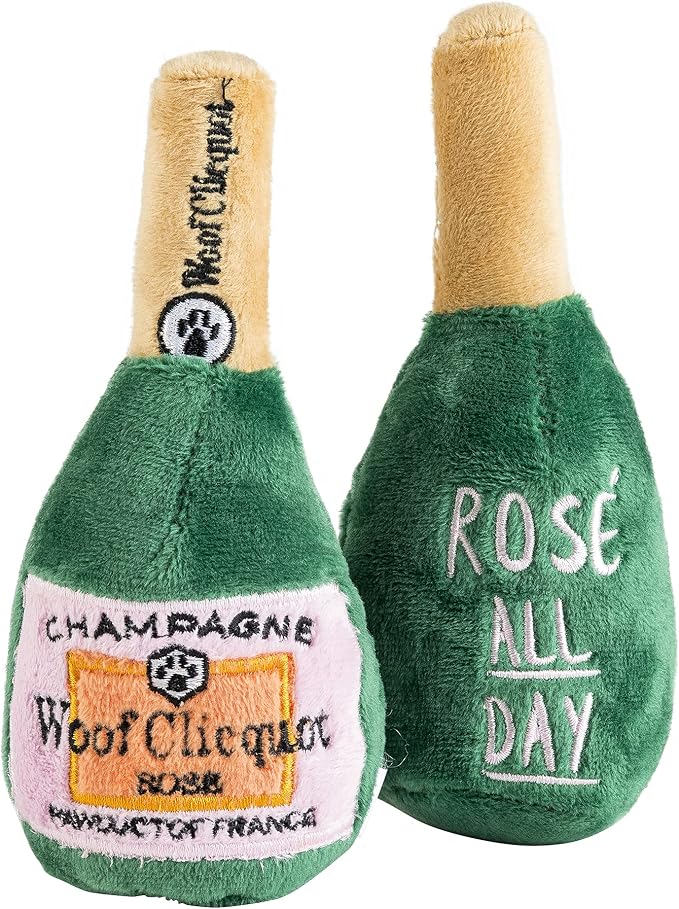 Haute Diggity Dog Woof Clicquot Rose Plush Squeaker Bottle - Small Machine-Washable Safe Fabric for Enrichment - Designer Dog Toys & Birthday Dog Toy for Puppies & All Breeds, Size Small