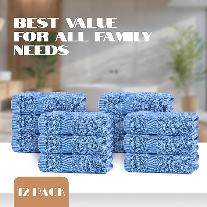 White Classic Light Blue Hand Towels for Bathroom [12 Pack] Cotton Hand Towel Bulk for Gym, Kitchen and Spa, 16x27 Inches Soft Highly Absorbent Quick Dry Terry Salon Towels