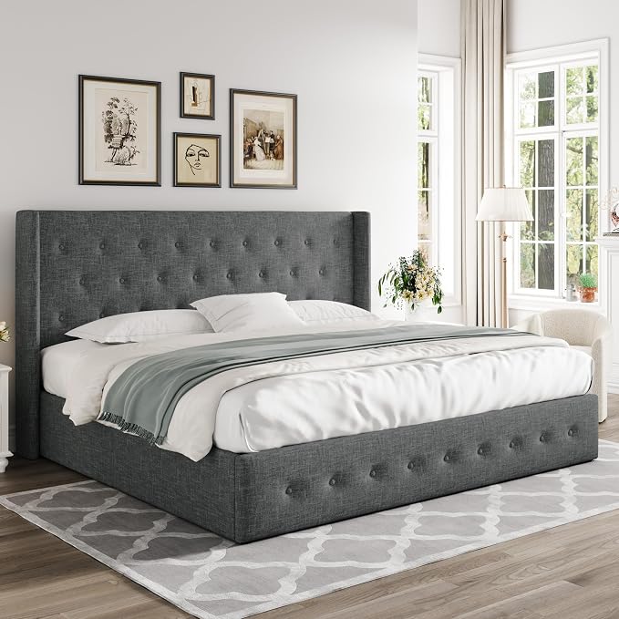 Allewie King Size Lift Up Storage Button-Tufted Bed Frame Dark Grey | Modern Wingback Headboard, Hydraulic Support Storage, No Box Spring Needed