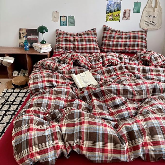 mixinni Vintage Red & Brown Buffalo Plaid Duvet Cover Set Twin Size - 3 Piece Washed Cotton Bedding Set with Classic Checkered Pattern, Cozy Farmhouse Duvet Cover with Pillowcases for All Seasons