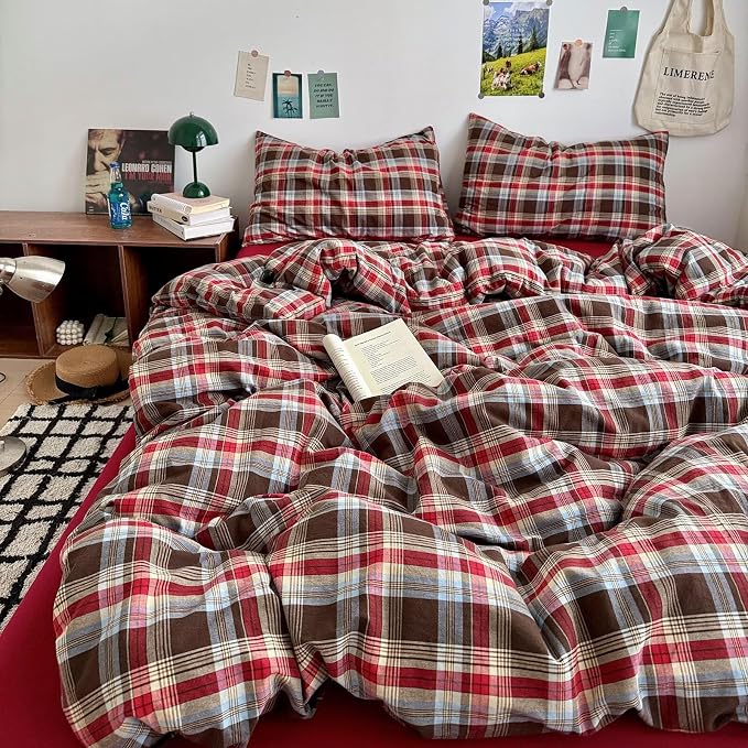 mixinni Vintage Red & Brown Buffalo Plaid Duvet Cover Set Queen Size - 3 Piece Washed Cotton Bedding Set with Classic Checkered Pattern, Cozy Farmhouse Duvet Cover with Pillowcases for All Seasons