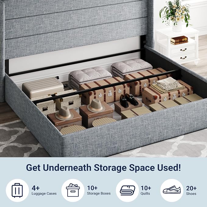 Allewie King Size Lift Up Hydraulic Storage Bed Frame Blue Grey | Modern Wingback Headboard, Hydraulic Support Storage, No Box Spring Needed