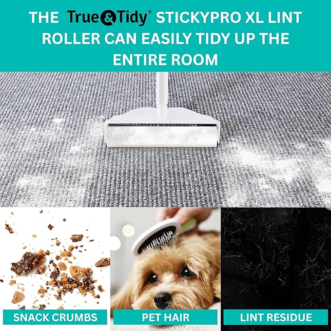 True & Tidy StickyPro XL Lint Roller Value Set with 2 Lint Roller Refills, Heavy-Duty Durable, Adjustable Handle Works Great on Pet Hair, Clothing, Furniture and More, 180 Sheets Total, Refillable