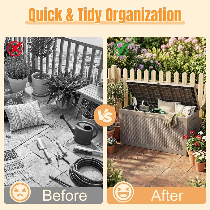 Outdoor Storage Box,98 Gallon Waterproof Resin Patio Deck Box | UV Resistant Lockable Package Delivery Bin, Toy Cabinet, Shoe & Garden Tools Storage, Ottoman, Indoor/Outdoor
