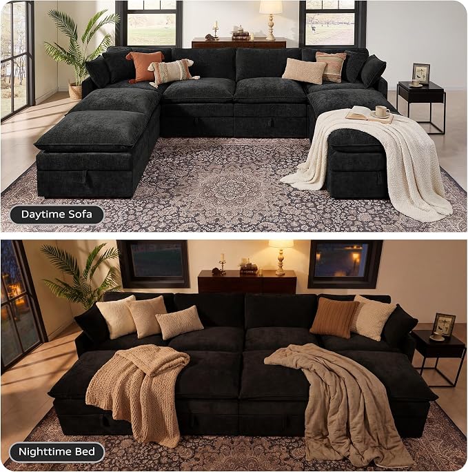 Ihanherry 135” Oversized Sectional Sofa Bed with Storage, 8-Seater Modular Cloud Couch with Movable Ottomans, Chenille Deep Seat Sleeper Couches for Living Room (Black)