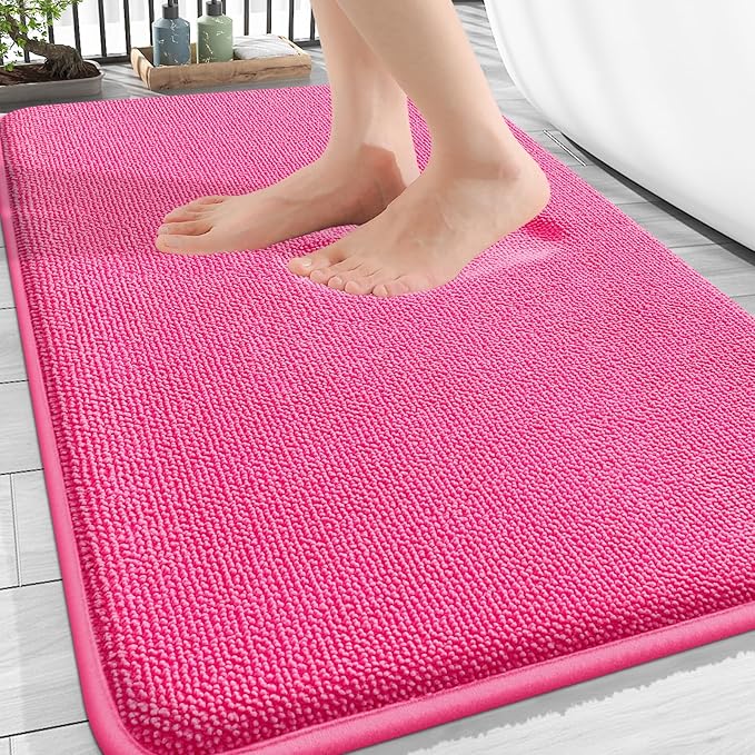 OLANLY Thick Memory Foam Bathroom Rugs 30x20, Absorbent Bath Mat, Hot Pink | Soft Quick Dry Bath Rugs Mats, Non-Slip, Machine Washable Carpet for Bathroom Floor, Tub and Shower, Home Decor Accessories