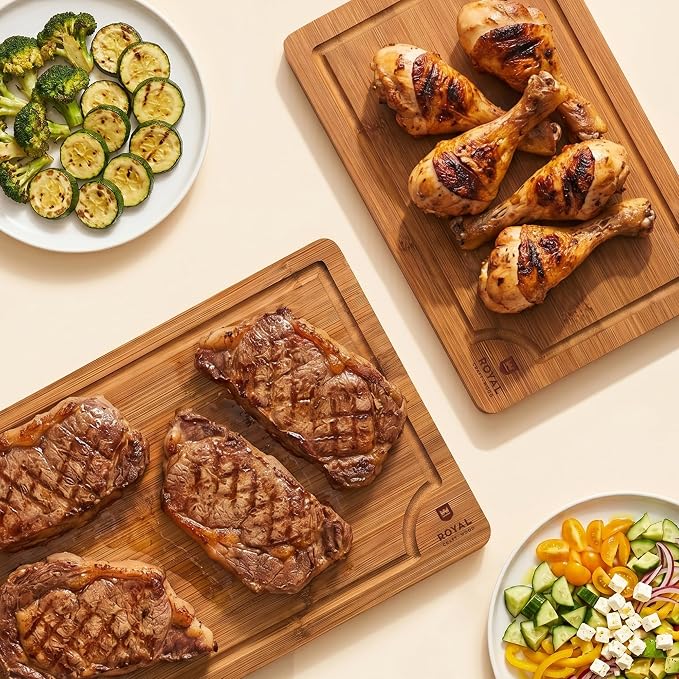 ROYAL CRAFT WOOD Wooden Cutting Boards for Kitchen Meal Prep & Serving - Bamboo Non Toxic Cutting Board Set with Deep Juice Groove Side Handles - Charcuterie & Chopping Butcher Block for Meat (2 Pcs)