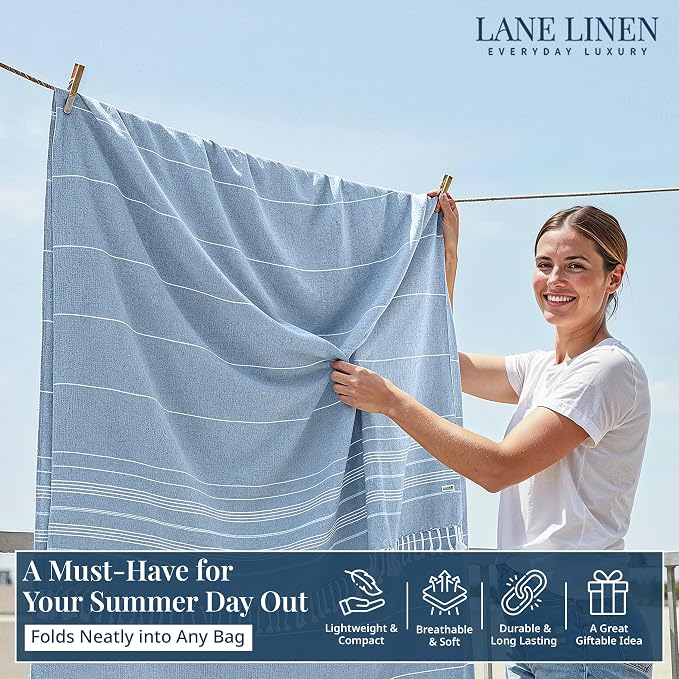 LANE LINEN Beach Blanket Sand Free, Picnic & Cotton Beach Towel - Sky Blue | Oversized Beach Blanket, 82"x82" - Beach, Backyard, Boat & Campsite Ready - Quick-Dry Weave, Dries Fast - Roomy Family Size