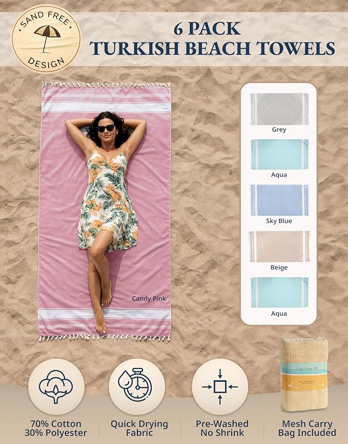 LANE LINEN Turkish Beach Towels for Women, 6 Pcs, Sand Free - Vintage Beach | Large 39"x71", Pre-Washed - No-Shrink, Sand-Free - Quick Dry, Lightweight - Soft Beach Bath Towels, Vacation Essential
