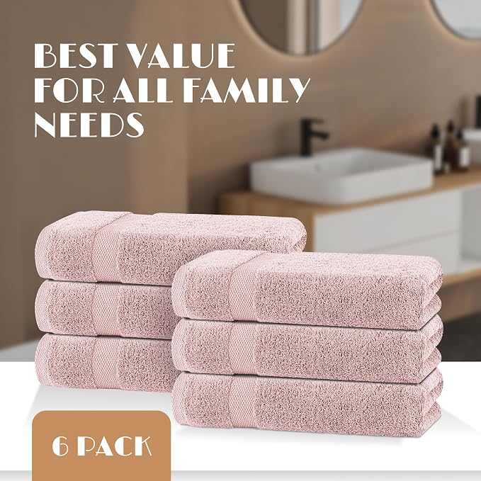 White Classic Wealuxe Pink Bath Towels 24x50 Inch, Cotton Towel Set for Bathroom, Hotel, Gym, Spa, Soft Extra Absorbent Quick Dry 6 Pack