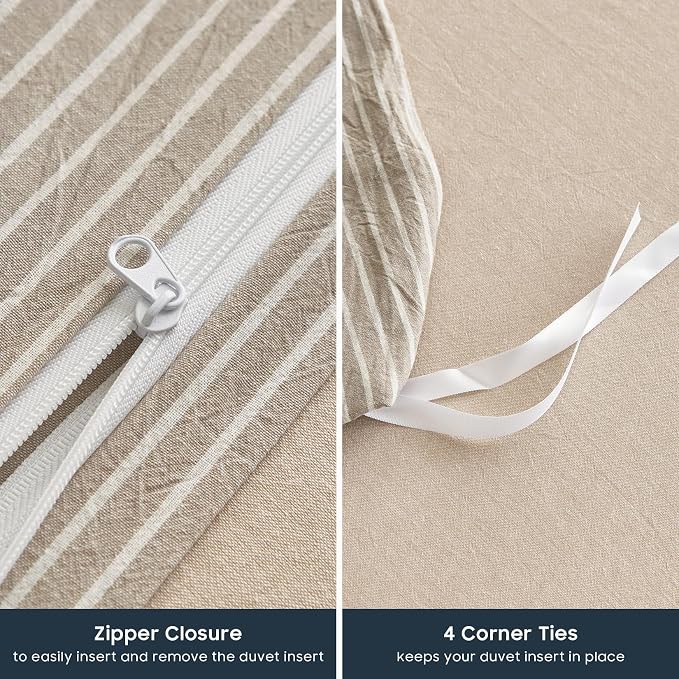 Wake In Cloud - Striped Cotton Duvet Cover Set, 100% Washed Cotton Textured Bedding Set, Ticking Stripe Pinstripe Farmhouse, 3 Pieces, Tan, Queen Size