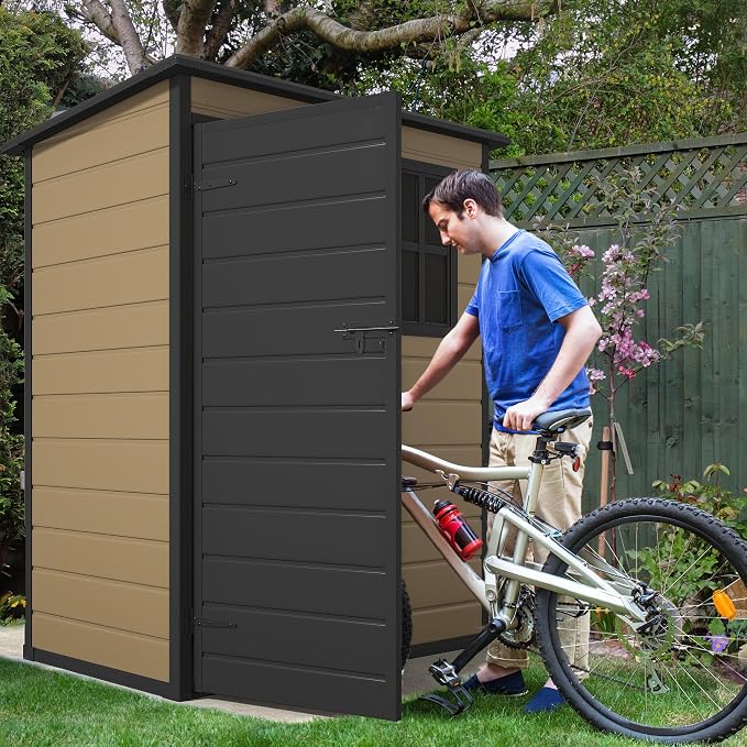 DWVO 5x3ft Resin Outdoor Storage Shed with Floor, Waterproof Lockable Tool Shed with Window, Plastic Outside Resin Storage Shed for Garden Backyard Patio Lawn