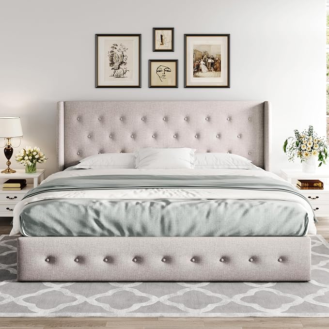 Allewie King Size Lift Up Storage Button-Tufted Bed Frame Light Beige | Modern Wingback Headboard, Hydraulic Support Storage, No Box Spring Needed