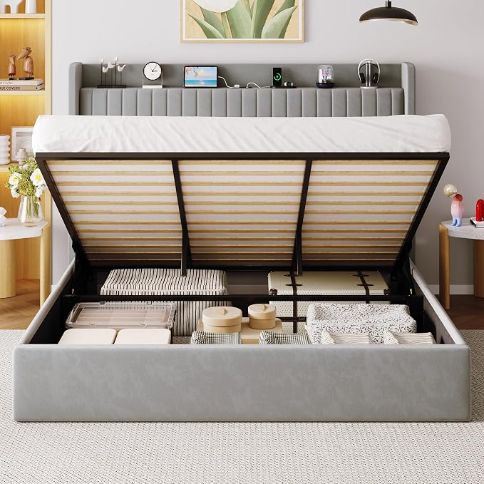 Allewie King Lift Up Storage Hydraulic Bed Frame,Charging Station,Grey | Storage Shelf Headboard with Charging Station,Type-C,USB Ports,Hydraulic Support,Velvet Upholstered,No Box Spring Needed
