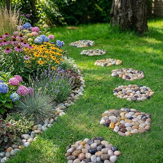 Stepping Stones Outdoor, Natural River Rock Garden Pavers, Set of 6 Round Pebble Stones for Walkway, Yard, Lawn, Patio, Pathway & Landscaping Decor (Hexagon)