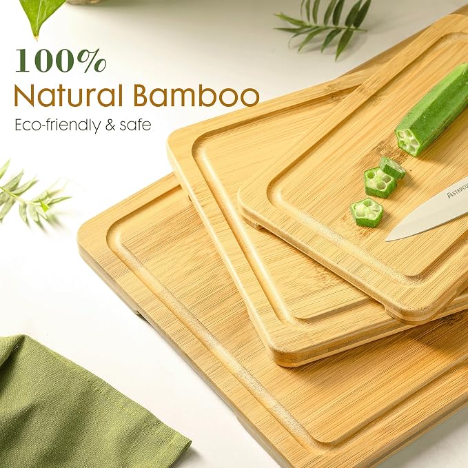 Astercook Nature Bamboo Cutting Boards for Kitchen with Wood Storage Stand, Reversible Charcuterie & Chopping Boards with Juice Grooves and Easy-Grip Handles