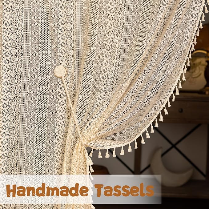 Sutuo Home Boho Doorway Curtains for Closet Patio, Lace Sheer Door Curtains for Doorway Crochet Vintage Chic Tassels Bohemian Temporary Room Divider Privacy Rustic Geometry Rod Pocket, 37" x 80" Beige