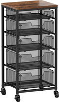 Rolling Cart with Drawers, 5-Drawer Storage Cart on Wheels with Vintage Wooden Top, Heavy Duty Metal Utility Cart, Mobile Craft Art Storage Cart for Kitchen, Bathroom, Office, Bedroom, Art Studio