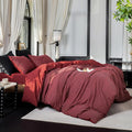 Reversible Duvet Cover Set 100% Washed Cotton Red Stripe Linen Feel Duvet Cover Queen Size with Zipper Closure & 2 Pillow Shams, Red/White Stripe Reverse Solid Red