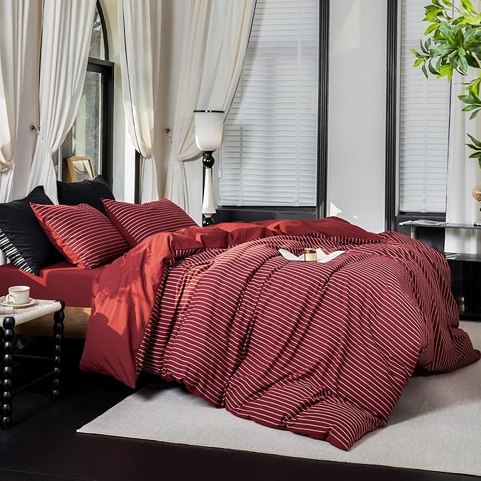 Reversible Duvet Cover Set 100% Washed Cotton Red Stripe Linen Feel Duvet Cover Queen Size with Zipper Closure & 2 Pillow Shams, Red/White Stripe Reverse Solid Red