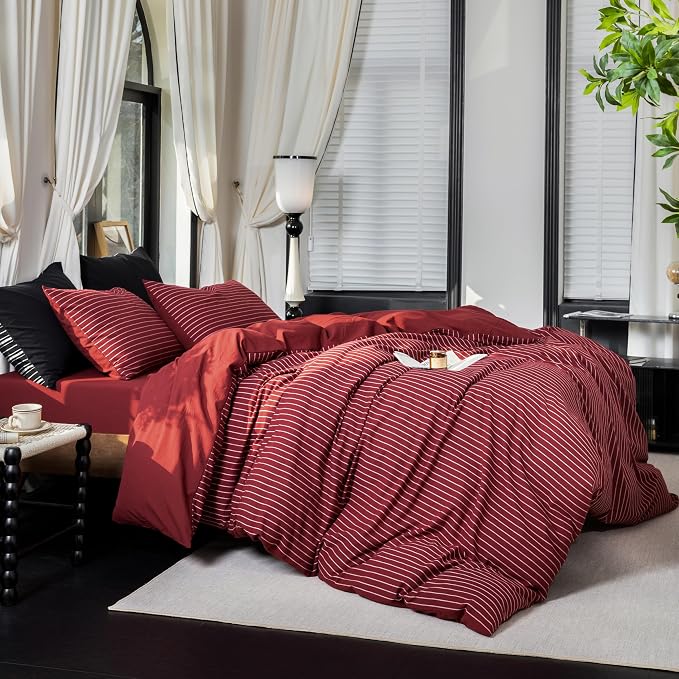 Reversible Duvet Cover Set 100% Washed Cotton Red Stripe Linen Feel Duvet Cover King Size with Zipper Closure & 2 Pillow Shams, Red/White Stripe Reverse Solid Red