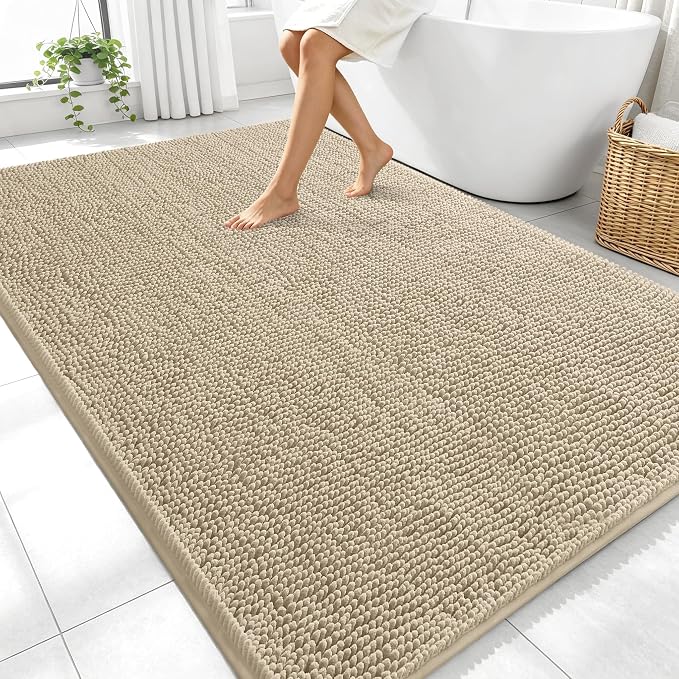OLANLY Large Bathroom Rugs 70x46, Extra Soft Absorbent Chenille Bath Rugs, Rubber Backing Quick Dry, Machine Washable Bath Mats for Bathroom Floor, Tub and Shower, Home Decor Accessories, Beige