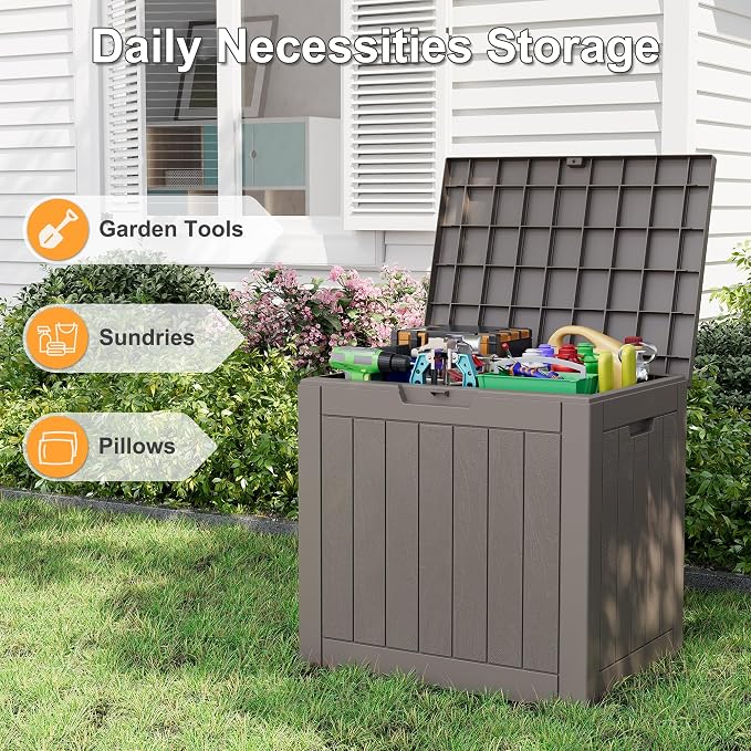 Deck Box, 32 Gallon Resin Indoor and Outdoor Storage Boxes Waterproof for Garden Tools, Pool Accessories Storage Bench, Patio Furniture and Cushions with Lockable Lid, Grey