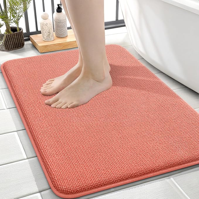 OLANLY Memory Foam Small Bathroom Rugs 24x16, Absorbent Bath Mat, Coral | Soft Quick Dry Bath Mat Rugs, Non-Slip, Machine Washable Mat for Bathroom Floor, Tub and Shower, Home Decor Accessories