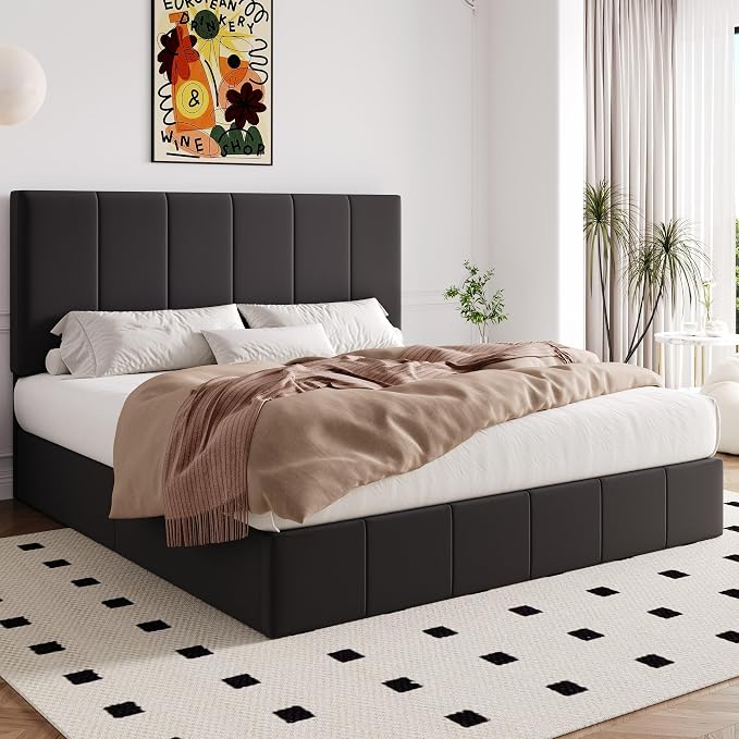 Allewie King Size Velvet Lift Up Hydrualic Storage Bed Frame, Black | Vertical Channel Tufted Headboard, Hydrualic Underneath Storage, Upholstered Platform Bed, No Box Spring Needed