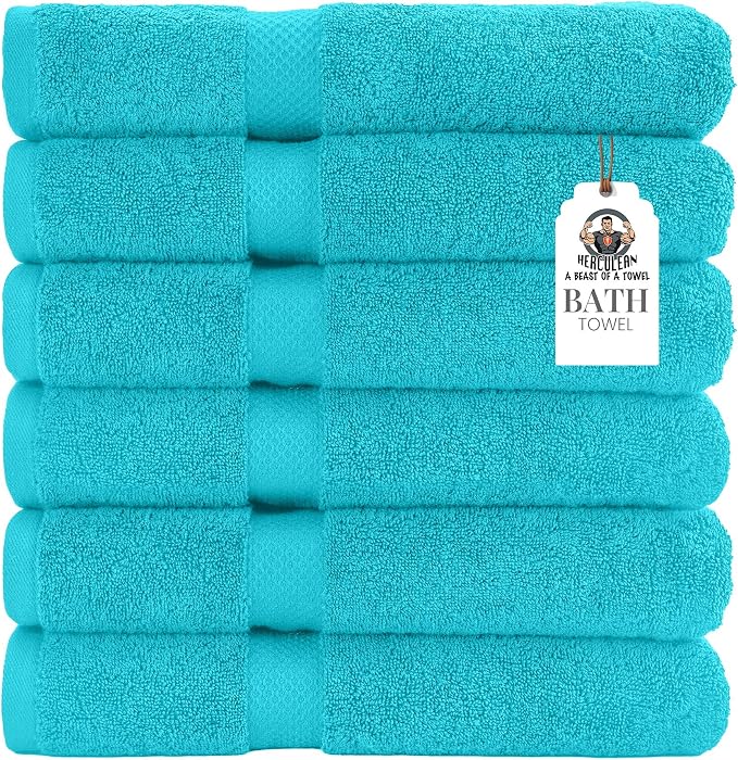 HERCULEAN Premium Bath Towels 24 x 48 Pack of 6 | Quick Dry and Highly Absorbent | 100% Cotton Terry Towels for Bathroom - Perfect for Shower - Pool and Spa - Luxury Soft Towels - Aqua Blue