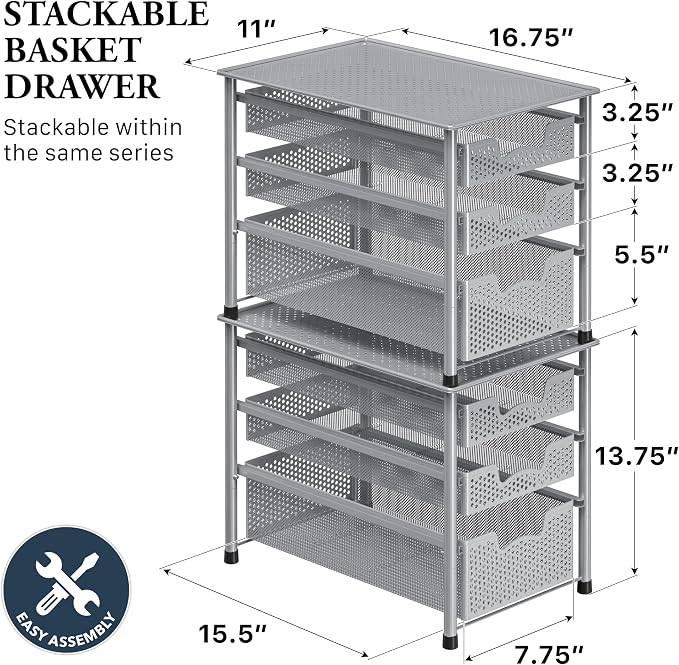 Simple Houseware Stackable 3 Tier Sliding Basket Organizer Drawer, Silver