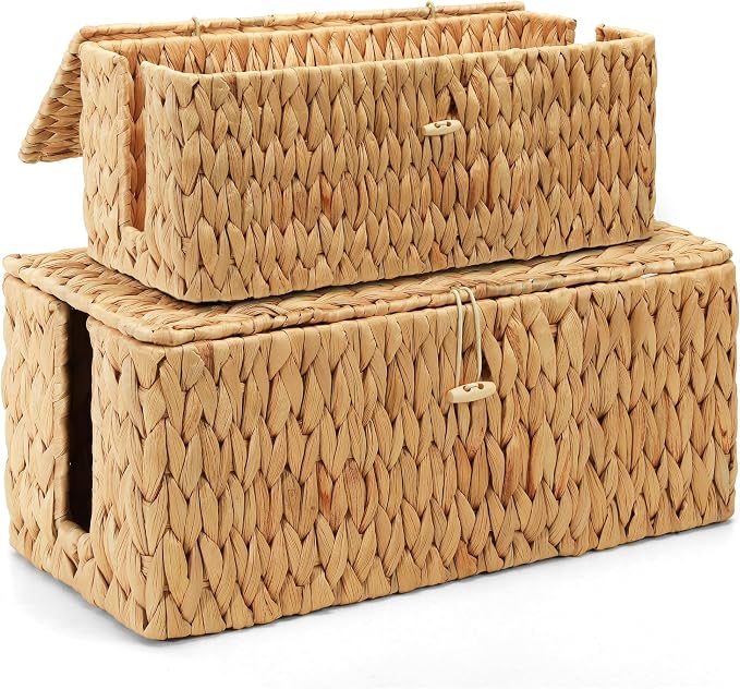 Posprica Cable Management Box with Lid, 2Pack Handwoven Real Water Hyacinth Cord Hider Organizer Boxes, 2 Side Open Slots Storage Box to Hide Cords Power Strip for Desk, Floor, Office