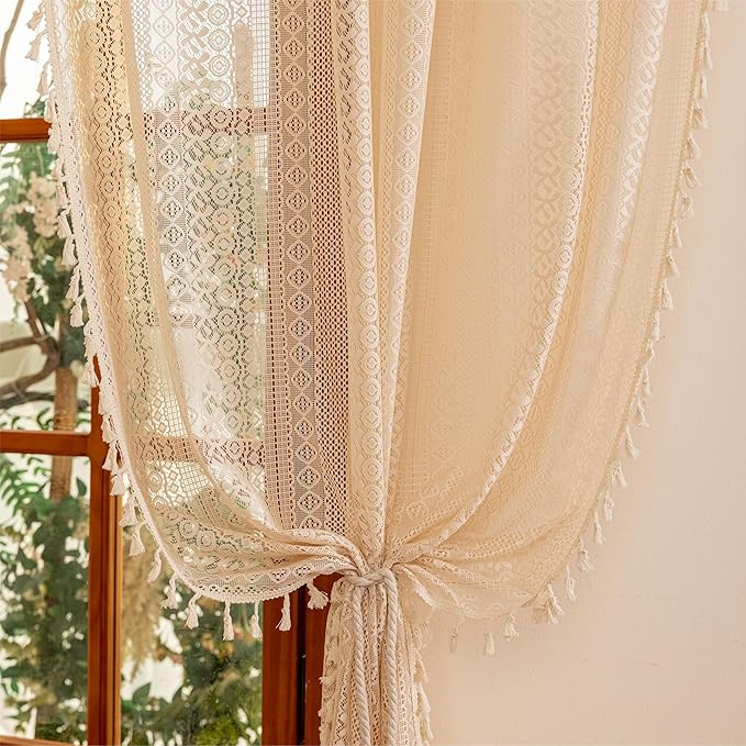 Sutuo Home Beige Lace Boho Curtains for Living Room Dining Room, Semi Sheer Curtains Farmhouse Privacy Crochet Vintage Tassels Retro Bohemian Style Rod Pocket Decor Window Drape, 2 Panels 50" x 102"