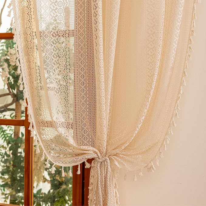 Sutuo Home Beige Boho Lace Curtains 72 inches Long for Nursery Bedroom, Sheer Curtains Privacy Crochet Light Filtering Vintage Tassels Bohemian Window Treatments Geometry Rod Pocket, 2 Panels 50" W