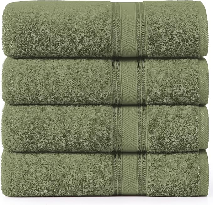 Lane Linen 100% Cotton 4 Pack Bath Towels (30"x60") - Zero Twist, Mercerized Cotton Bathroom Towel Set - Quick Dry, Extra Soft & Absorbent Large Bath Towels - Tumble Dry Regains Fluffiness - Oil Green
